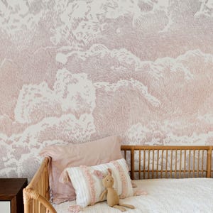 Hand Drawn Clouds Nursery Decor, Soft Pink and Grey Sky Design, Calm Kids Room Accent, Baby Room Cloud Pattern, 1-120-1