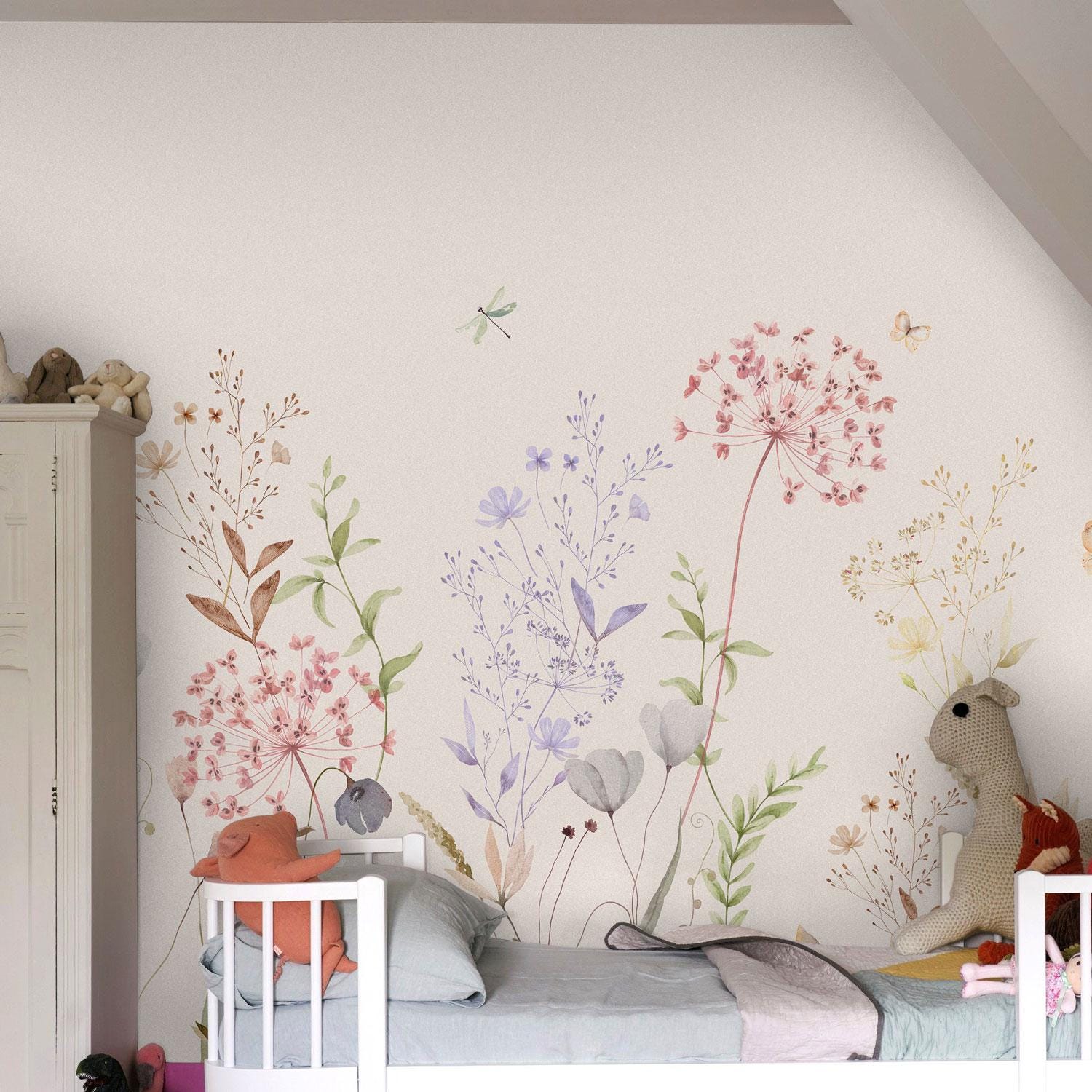 Wildflower Wallpaper Mural – Botanical Pastel Wall Art With Meadow ...