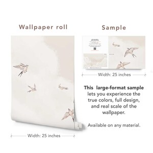 Beige Bird Wallpaper, Swallow Decor for Bedroom, Neutral Cloud Design, Relaxing Interior Accent image 10