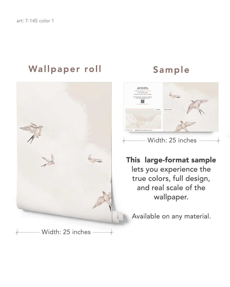 Beige Bird Wallpaper, Swallow Decor for Bedroom, Neutral Cloud Design, Relaxing Interior Accent image 10
