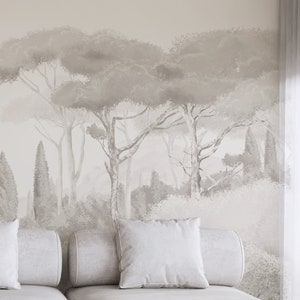 Carta da parati botanica di alta qualità con effetto acquerello, rivestimento murale boho beige, murale moderno con alberi per camera da letto, carta da parati mediterranea