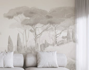 Watercolor high quality botanical wallpaper, beige boho wall covering, modern wall mural with trees for bedroom, mediterranean wallpaper