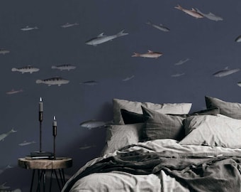 Fish Wallpaper on Dark Blue Background, Ocean Wall Mural for Bedroom or Bathroom, Moody Coastal Decor