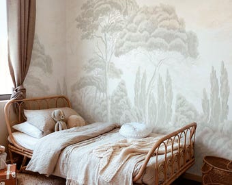 Watercolor Forest Wallpaper with Trees, Beige Boho Wall Mural, 5-138-2