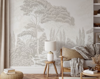 Watercolor high quality forest wallpaper with trees, cypress trees. Beige boho wall covering for design interior.