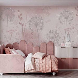 Soft Pink Dandelion Wallpaper – Botanical Floral Wall Mural for Nursery or Bedroom, 5-162-1 bild 1