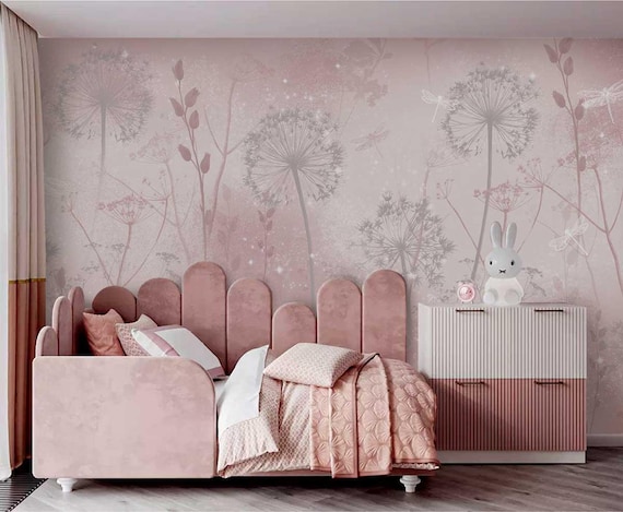 Soft Pink Dandelion Wallpaper – Botanical Floral Wall Mural for Nursery or Bedroom, 5-162-1