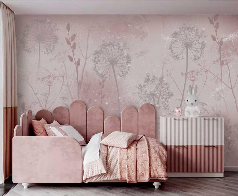 Soft Pink Dandelion Wallpaper – Botanical Floral Wall Mural for Nursery or Bedroom, 5-162-1 bild 1