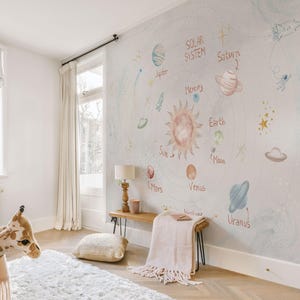 Kids Solar system wallpaper, beige wall mural with stars, galaxy wall covering for playroom and nursery, space decor for boys and girls.