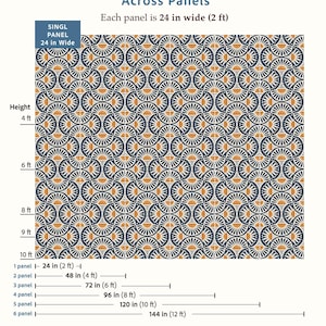 May include: A seamless wallpaper pattern featuring a repeating geometric design of dark blue and orange semicircles. The text indicates each panel is 24 inches wide, with height options from 4 to 10 feet and width options from 24 to 144 inches.