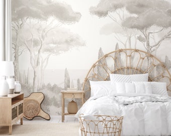 Hochwertige Aquarell-Botanik-Tapete. Beigefarbene Boho-Wandverkleidung. Modernes Wandbild mit Bäumen für Schlafzimmer und Wohnzimmer, Wandkunstdekor