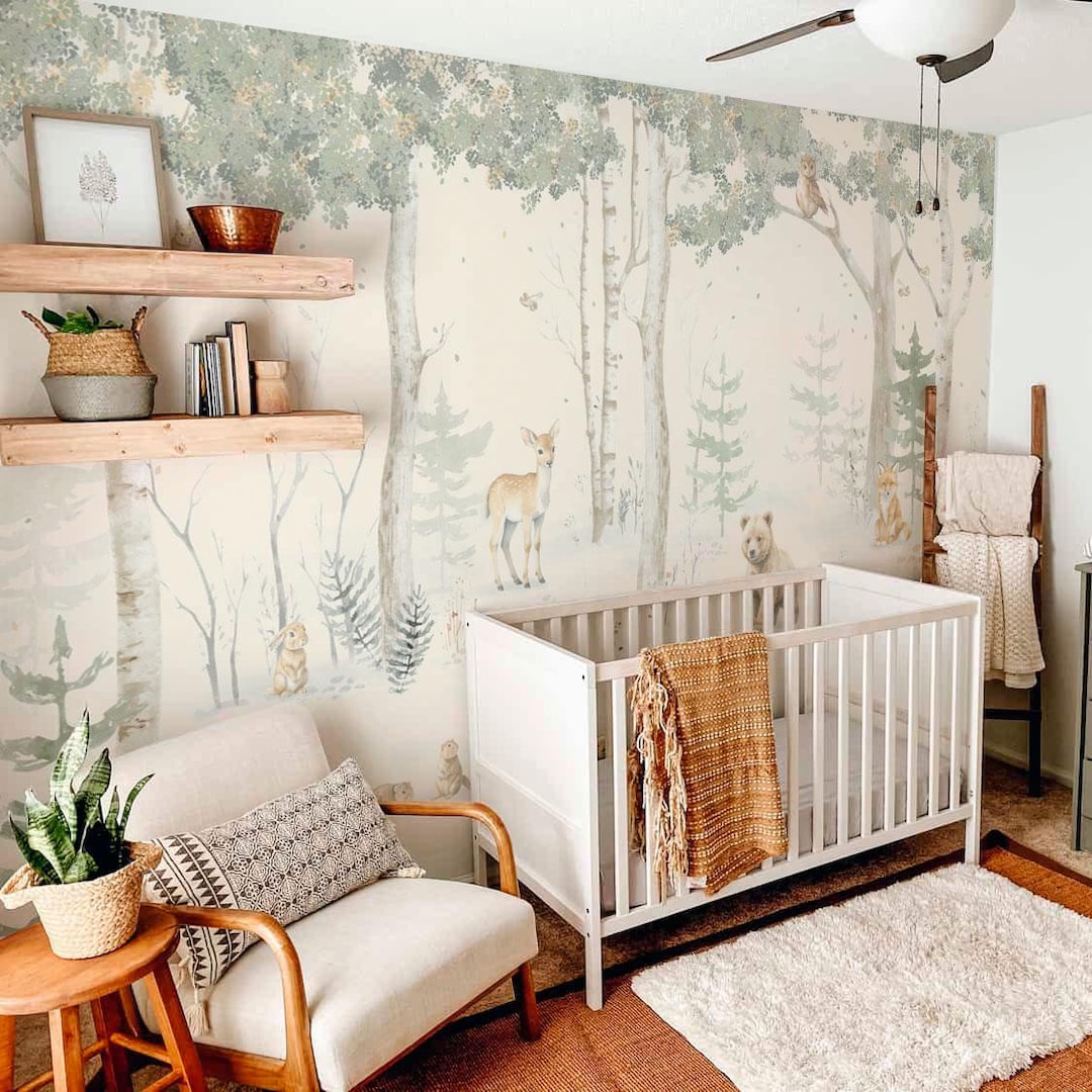 Woodland Animal Nursery Wallpaper – Gentle Forest Mural With Deer, Bear ...