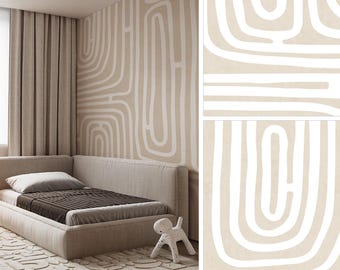 Graphic beige calm wallpaper for nursery, sepia boho wall mural, wood texture wallpaper, growth rings patterned wallpaper, custom wall mural