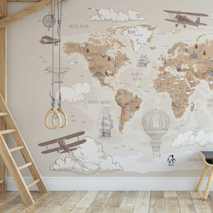 World Map Wallpaper with Airplanes and Ships – Educational Wall Mural for Kids Room, Nursery or Travel-Themed Space, 9-146с1