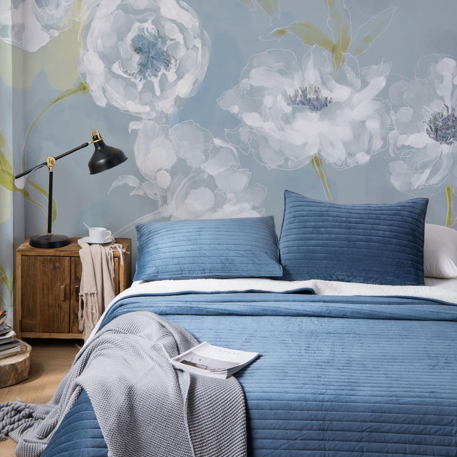 Blue Peony Wallpaper Mural – Elegant Watercolor Floral Wall Mural With ...