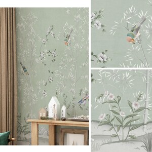 Carta da parati botanica verde acquerello con uccelli e bambù - Elegante murale cineserie per pareti decorative per bambini, adolescenti, camerette o camere da letto