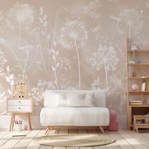 Carta da parati botanica floreale – murale di tarassaco beige per camera da letto, cameretta dei bambini, sala giochi soggiorno, elegante rivestimento murale naturale