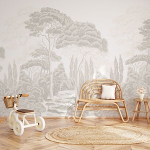 Pastel watercolor forest wallpaper, pine trees beige boho wall mural, removable temporarly wall paper, botanical adhesive mural 5-138 c2