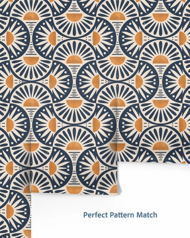 May include: Wallpaper featuring a repeating geometric pattern of dark blue semicircles and sunburst motifs in orange and cream. The design includes thin lines and dots arranged in a symmetrical layout. The text Perfect Pattern Match is visible.