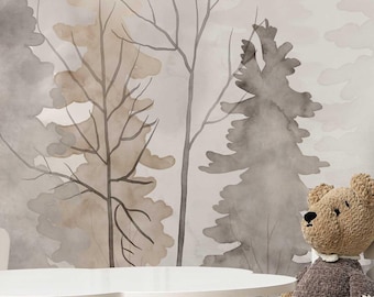 Neutral Forest Mural • Beige Watercolor Landscape Wall Art • Minimalist Nature Decor for Kids or Bedroom, 5-118 color 1