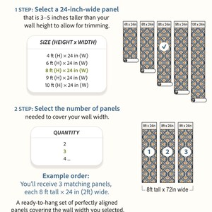 May include: An informational ordering guide for wallpaper panels featuring the Sevara Atelier logo. The text outlines steps for selecting panel heights from 4 to 10 feet and widths of 24 inches, including quantity selection for wall coverage.