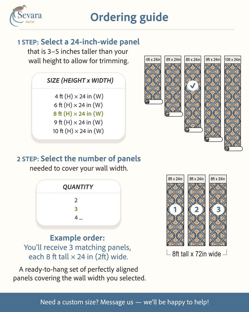 May include: An informational ordering guide for wallpaper panels featuring the Sevara Atelier logo. The text outlines steps for selecting panel heights from 4 to 10 feet and widths of 24 inches, including quantity selection for wall coverage.