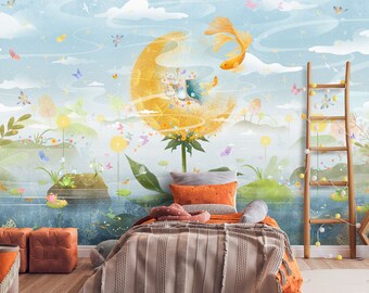 Сhildren's handmade fabulous wallpaper with dandelion and forest animals for the  kids room and nursery.