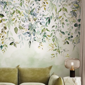 Weiches botanisches Wandbild, grüne Blumentapete, Wandbespannung mit Blumen und Grün für Schlafzimmer oder Kinderzimmer