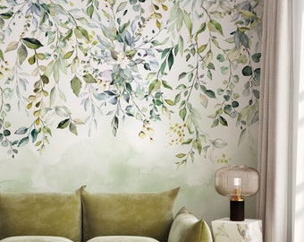 Soft botanical wall mural, green floral wallpaper, wall covering with flowers and greenery for bedroom or nursery
