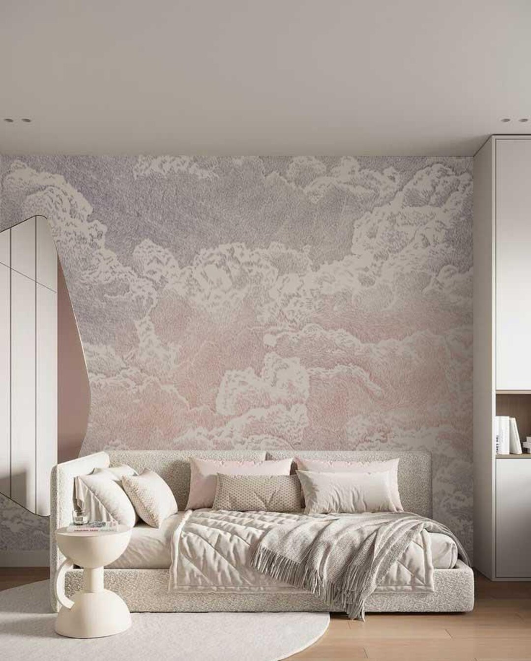 Nursery Wall Mural With Hand Drawn Clouds – Soft Pink and Grey Cloudy ...