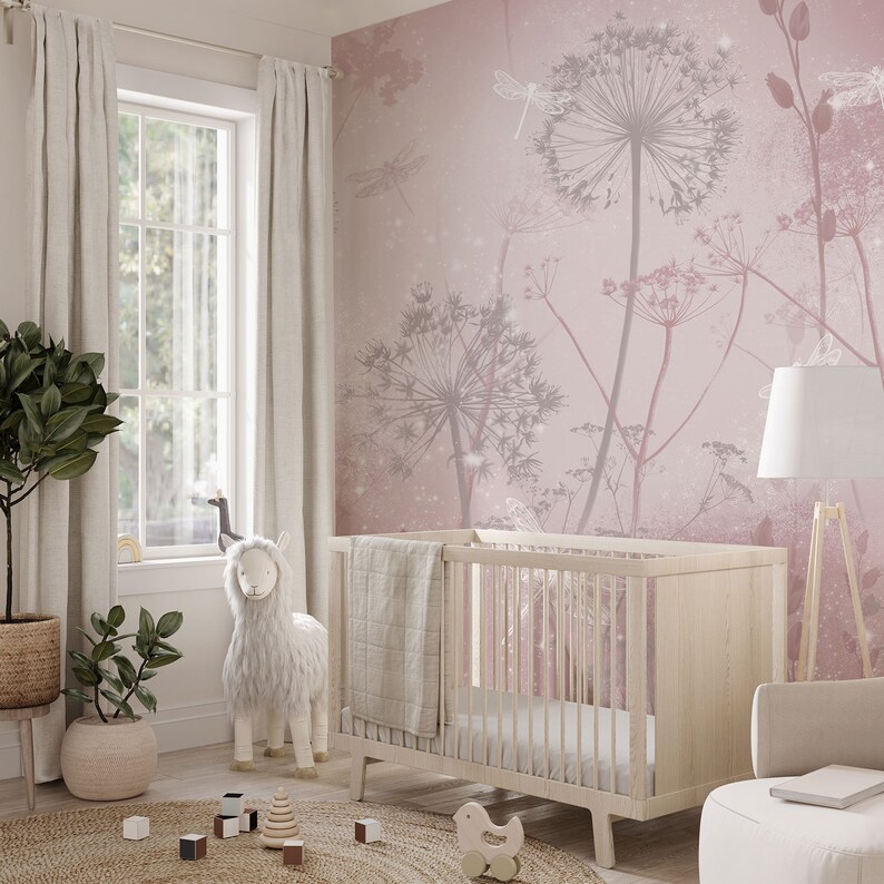 Soft Pink Dandelion Wallpaper – Botanical Floral Wall Mural for Nursery or Bedroom, 5-162-1 bild 11