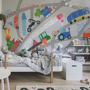 Cars and Roads Wallpaper – Nursery Educational Traffic Wall Mural with Bus, Taxi, and Tractors – Removable Urban Wallpaper for Toddlers