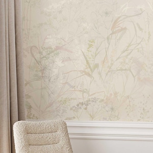 Ivory Botanical Wallpaper, Neutral Beige Wall Mural, Vintage Plant Pattern Decor, Elegant Nature Design, Peel and Stick or Traditional