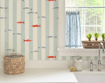 Coastal Fish Wallpaper for Kitchen, Lake House Sea Wallpaper, Nautical Accent Wall Panels
