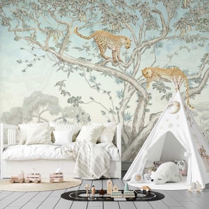 Jungle leopard scenic wall mural, peel and stick wall mural, safari wall mural, tropical wall covering, wallpaper with cheetah on tree