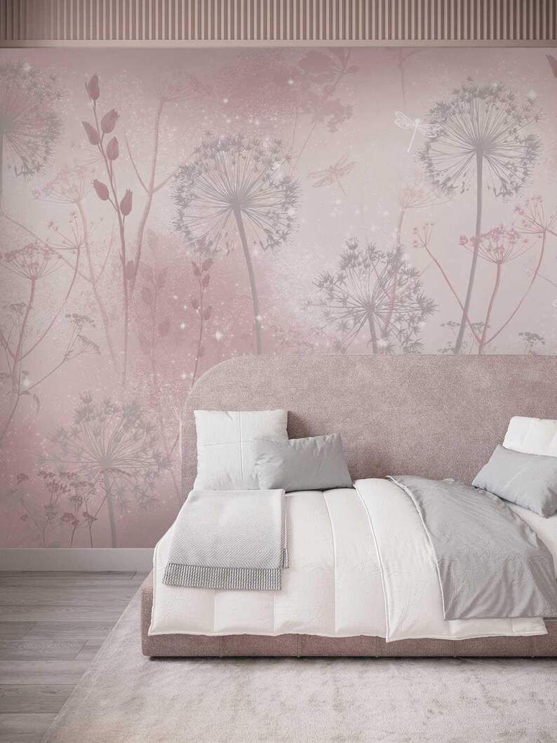 Soft Pink Dandelion Wallpaper – Botanical Floral Wall Mural for Nursery or Bedroom, 5-162-1 bild 2