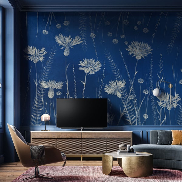 Сornflower Botanical Wall Mural / Dark blue Floral Wallpaper/ Wall covering with flowers for bedroom or living room