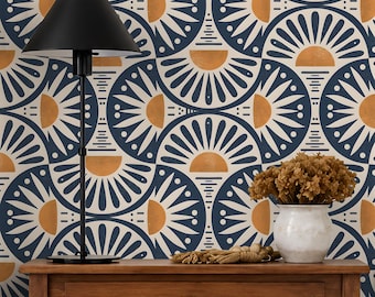 Mid Century Modern Wallpaper, Blue Terracotta Geometric Pattern, Retro MCM Wallpaper Roll, Art Deco Accent Wall