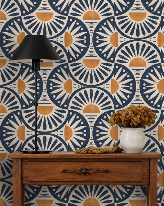 Mid Century Modern Wallpaper, Blue Terracotta Geometric Pattern, Retro MCM Wallpaper Roll, Art Deco Accent Wall