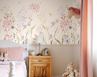 Wildflower Wallpaper Mural – Botanical Pastel Wall Art with Meadow Flowers, Soft Floral Accent Wall for Kids and Nursery