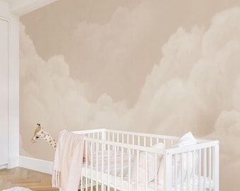 Beige pastel clouds nursery mural, calming cloudy sky temporary wall mural, kids removable custom hand drawn art wallpaper, adhesive mural