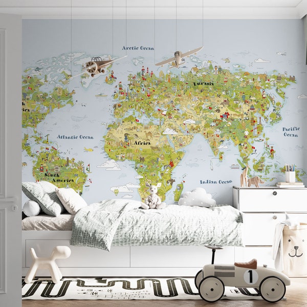 Kids world map wallpaper with animals and landmarks for kids room. Educational continent world map wall mural