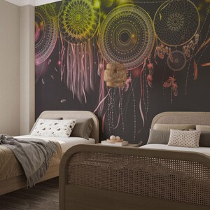 Carta da parati murale mandala gialla per la cameretta dei bambini, carta da parati murale temporanea personalizzata con piume, carta da parati adesiva rimovibile in stile indiano rosa per l'aula