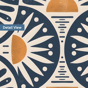 May include: A graphic print featuring a repeating pattern of dark blue semi-circles and golden-orange sun shapes on a cream background. The design includes stylized rays, small circles, and horizontal lines arranged in a symmetrical geometric layout.