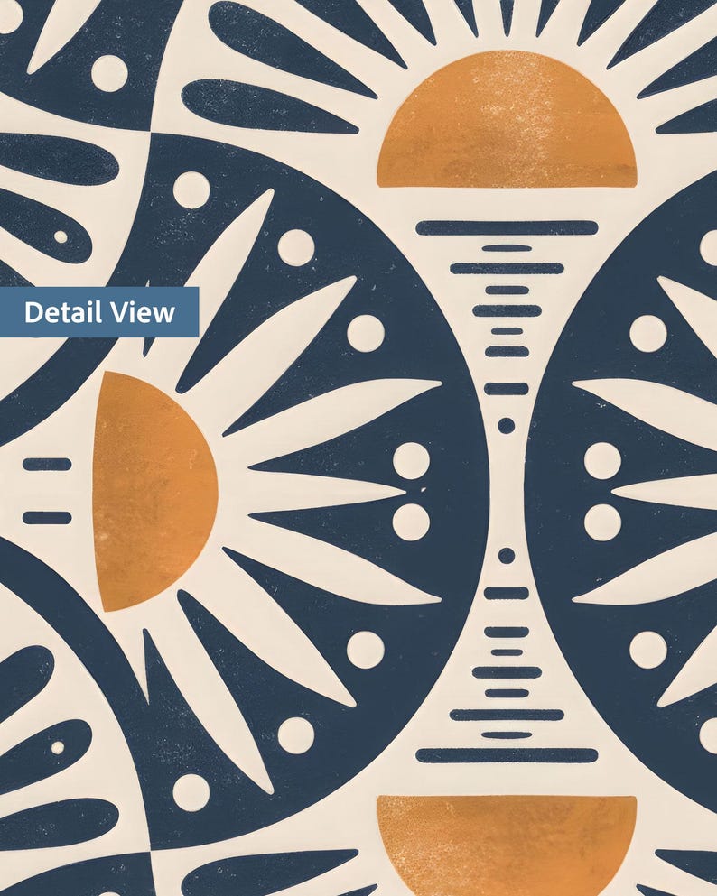 May include: A graphic print featuring a repeating pattern of dark blue semi-circles and golden-orange sun shapes on a cream background. The design includes stylized rays, small circles, and horizontal lines arranged in a symmetrical geometric layout.