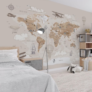 May include: A beige and brown world map mural with illustrations of vintage aircraft and hot air balloons. The map shows continents, oceans, and landmarks. The room includes a bed, lamp, and decorative elements.