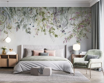 Botanical Green Floral Wallpaper Mural: Hand-Painted Watercolor Style