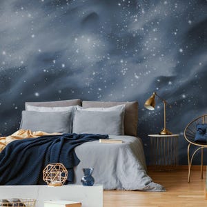 Night sky dark wallpaper, star wallpaper, constellation wallpaper, kids space wallpaper, galaxy wallpaper, modern mural, blue bold wallpaper