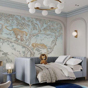Tropical scenic wall mural with leopard, peel and stick temporary wall mural, oriental style wall covering, wallpaper with tree and cheetah
