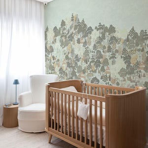 Forest Wallpaper Mural for Kids Room – Soft Green Woodland  Wall covering with Trees, Animals and Scenic Nature for Nursery or Toddler Room